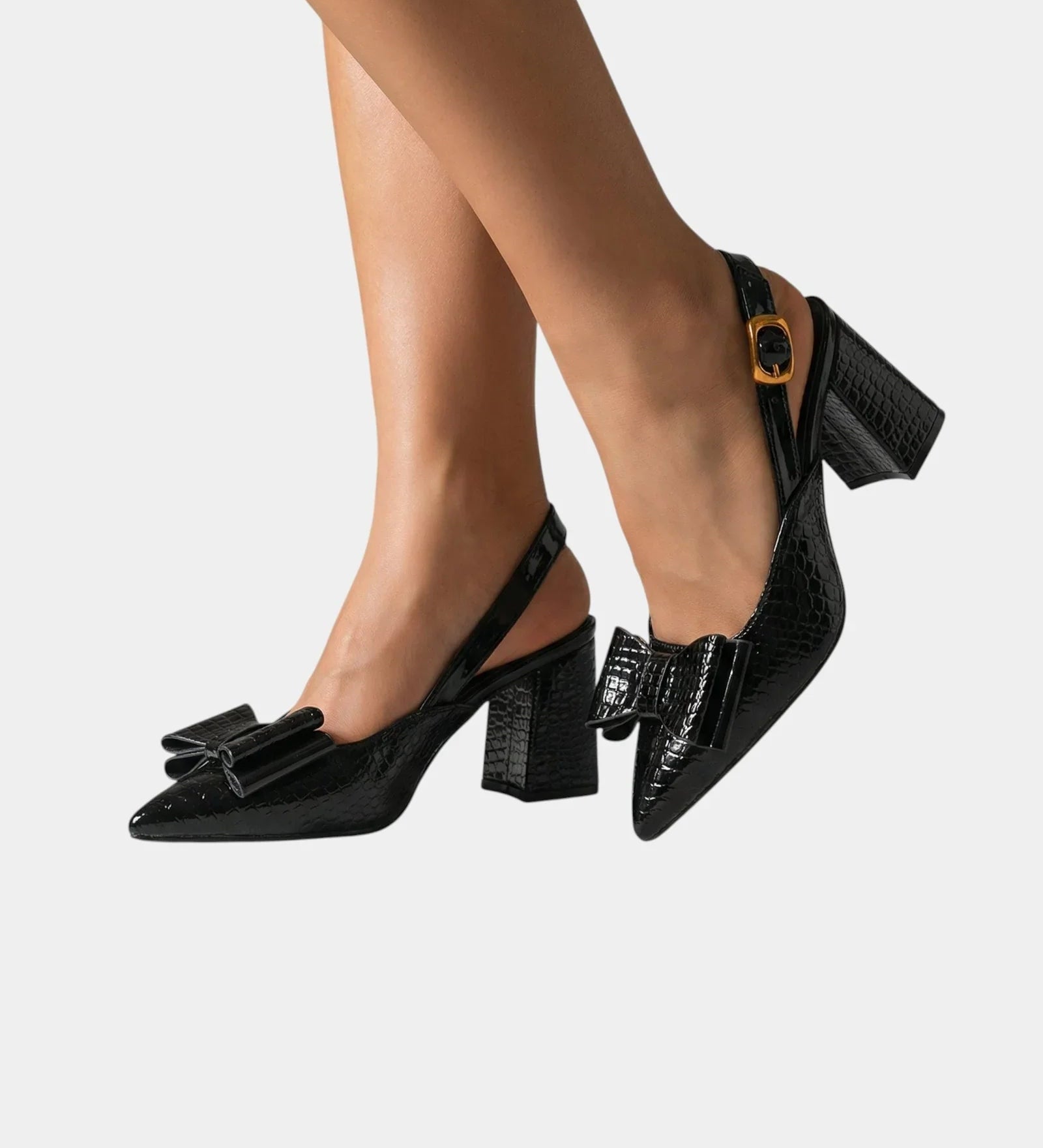 Onyx black textured heeled pumps with bow detail, chunky block heel