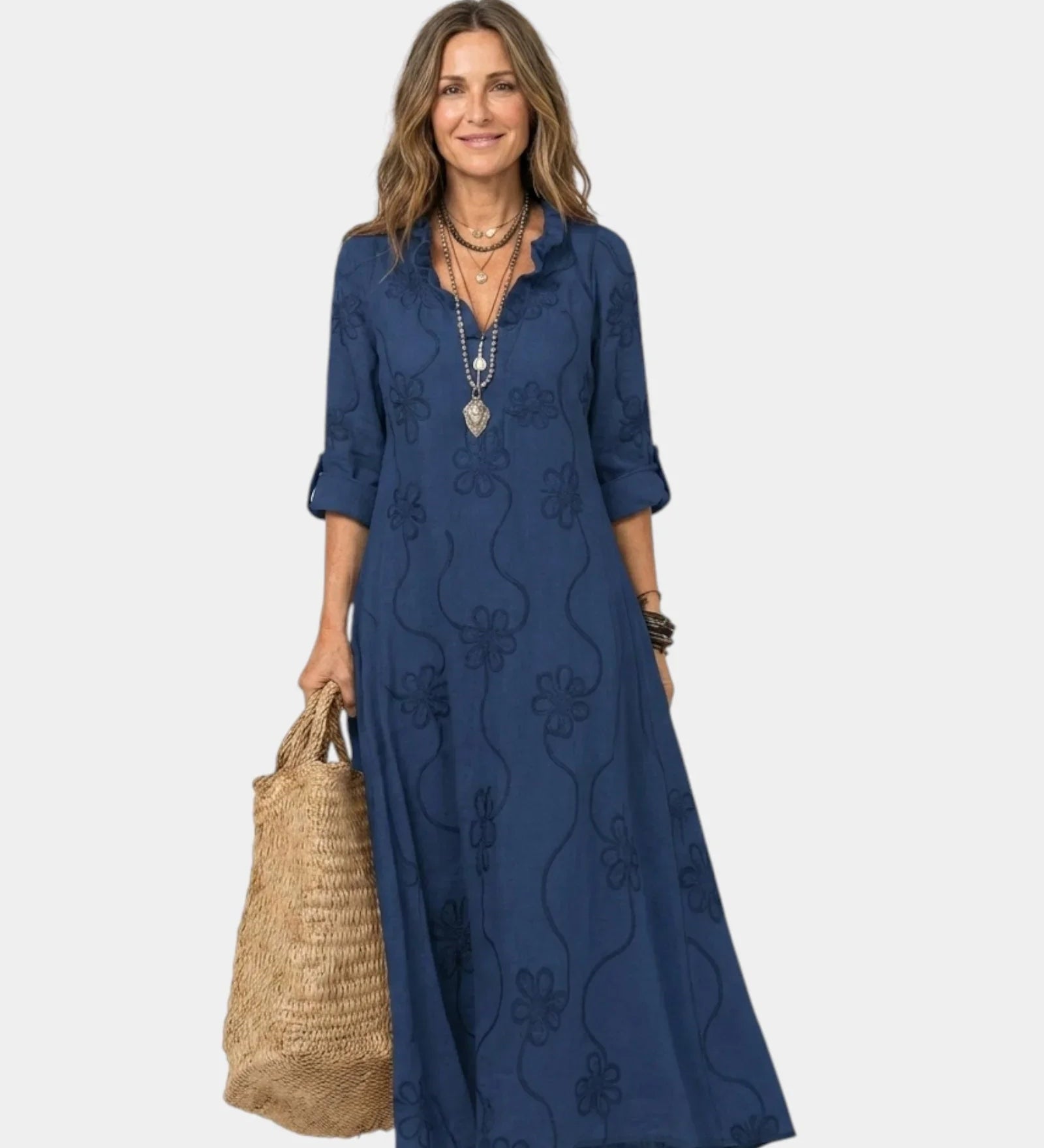 Dark blue maxi dress with floral embroidery, V-neck, and three-quarter sleeves