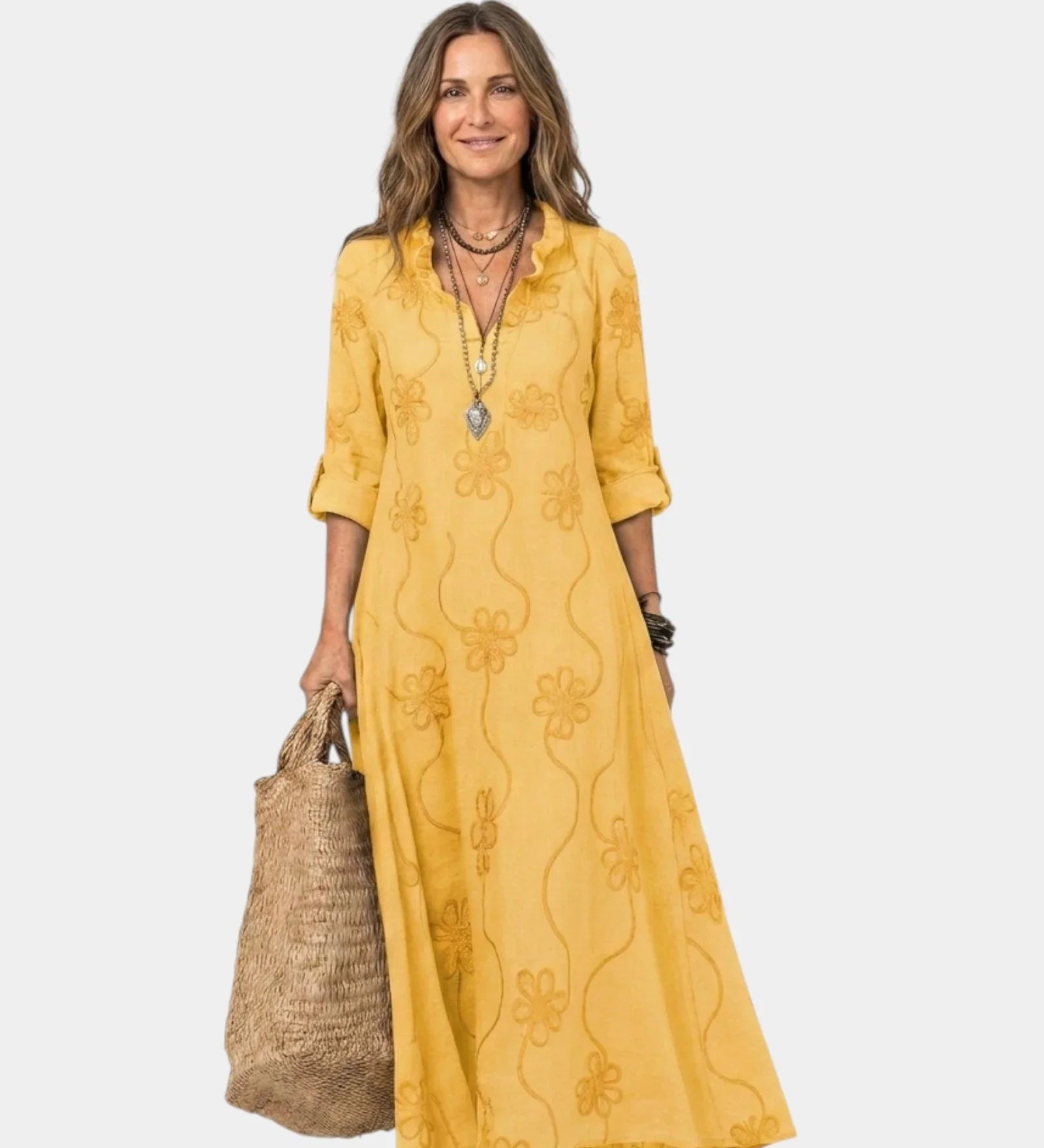 Yellow maxi dress with floral embroidery, V-neck, and three-quarter sleeves