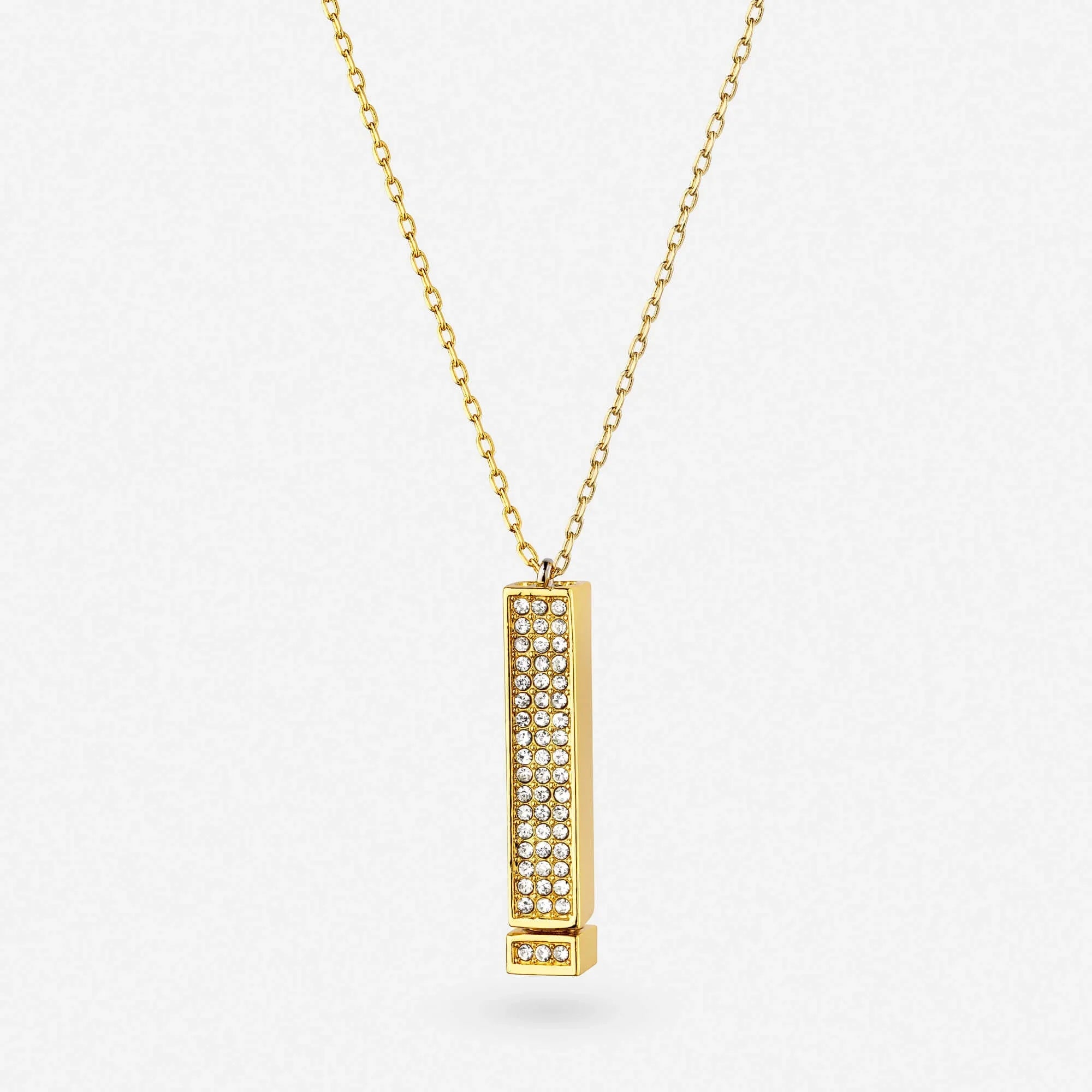 Gold-tone pendant necklace with long rectangle charm and sparkling stones