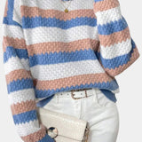 Oversized striped sweater with round neck, blue and beige knit, long sleeves