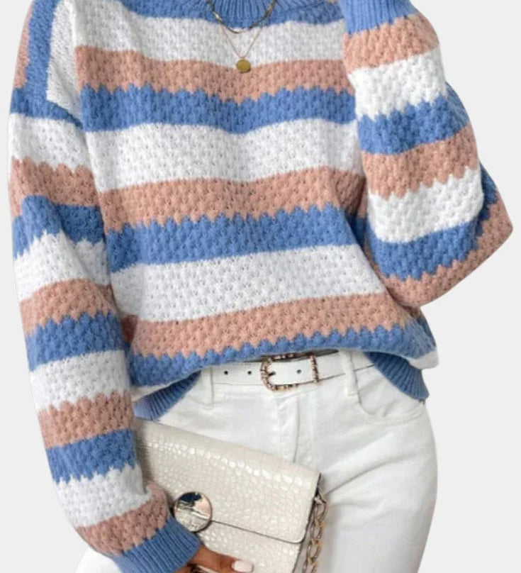 Oversized striped sweater with round neck, blue and beige knit, long sleeves