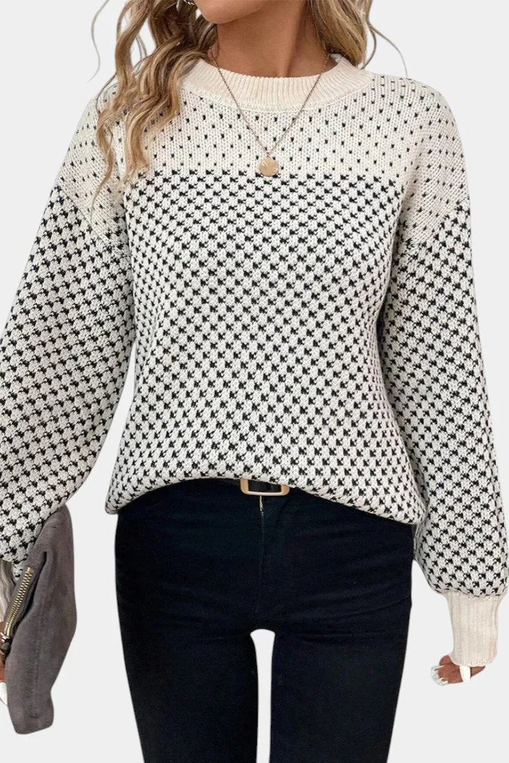White crew neck sweater with black micro-check pattern, ribbed cuffs and hem