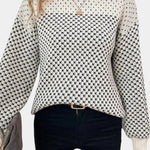 White crew neck sweater with black micro-check pattern, ribbed cuffs and hem
