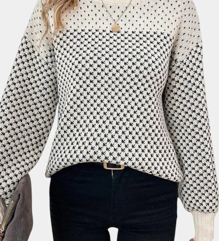 White crew neck sweater with black micro-check pattern, ribbed cuffs and hem