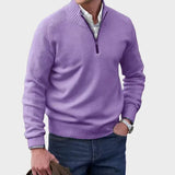 Purple half-zip knit sweater with ribbed collar, cuffs, and hem.