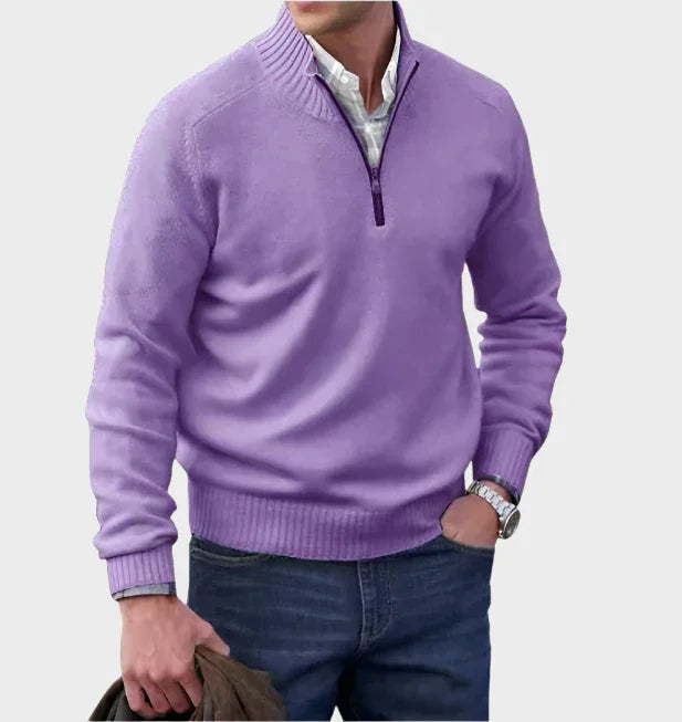 Purple half-zip knit sweater with ribbed collar, cuffs, and hem.