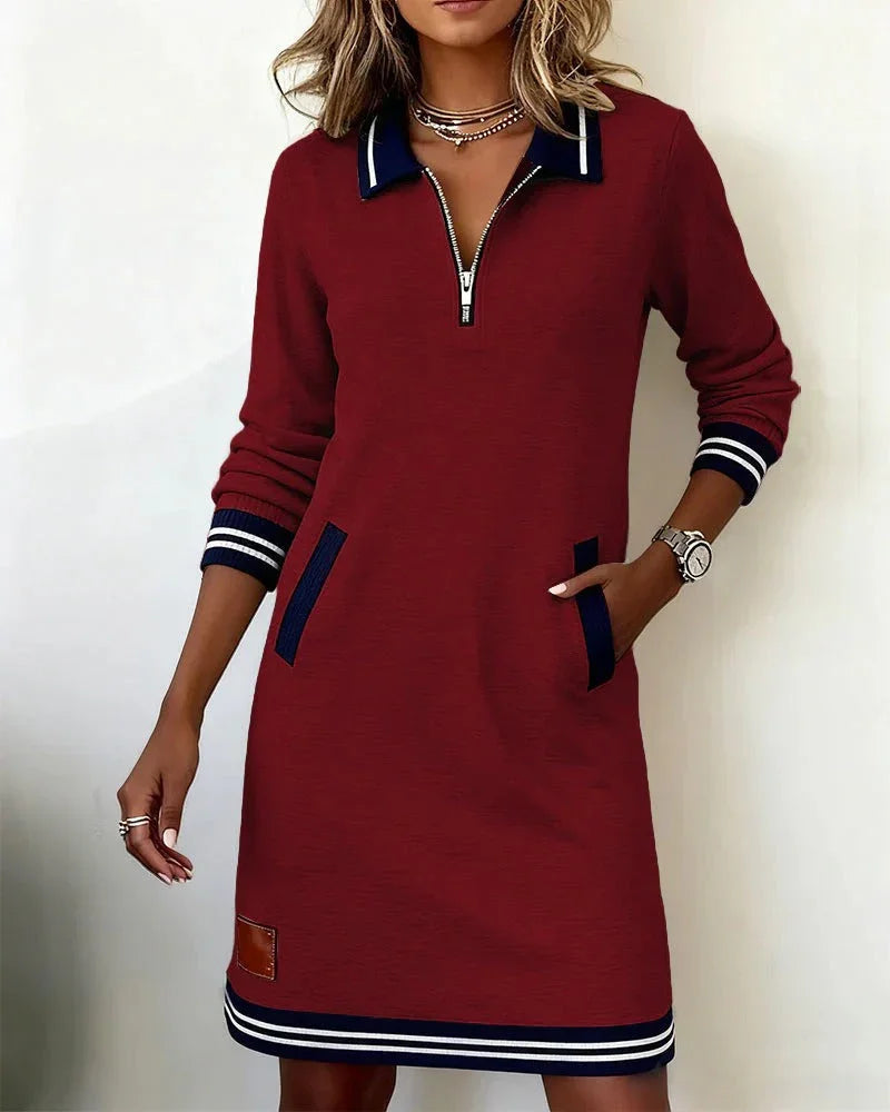 Burgundy red long cotton dress with quarter-zip, contrast collar, striped cuffs and hem, side pocket
