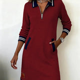 Burgundy red long cotton dress with quarter-zip, contrast collar, striped cuffs and hem, side pocket
