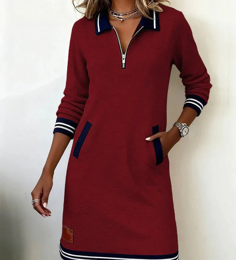 Burgundy red long cotton dress with quarter-zip, contrast collar, striped cuffs and hem, side pocket