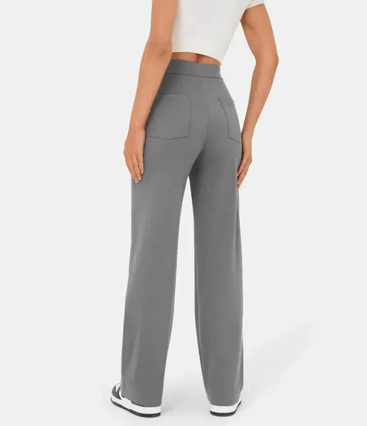 Medium gray wide-leg elastic waist pants with front button closure and side pockets