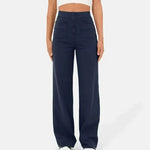 Navy blue elastic waist pants, wide-leg fit with front buttons and side pockets