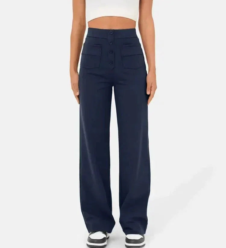 Navy blue elastic waist pants, wide-leg fit with front buttons and side pockets