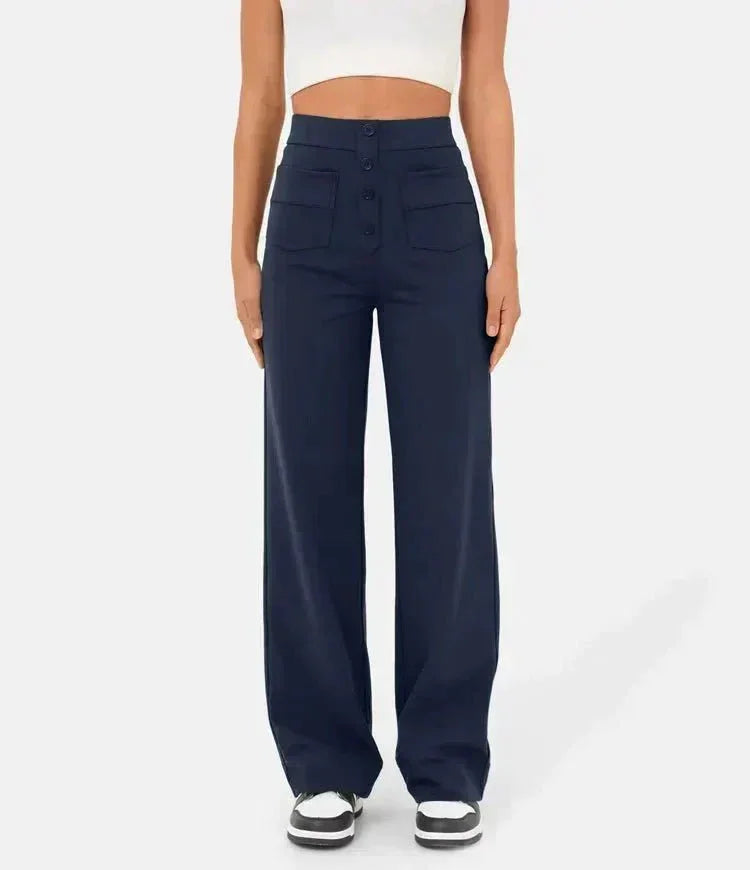 Navy blue elastic waist pants, wide-leg fit with front buttons and side pockets