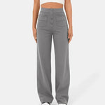 Light gray elastic waist pants with wide legs, front buttons, and patch pockets