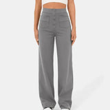 Light gray elastic waist pants with wide legs, front buttons, and patch pockets