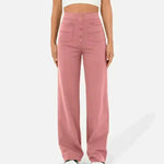 Pink elastic waist pants, wide-leg style with front buttons and patch pockets
