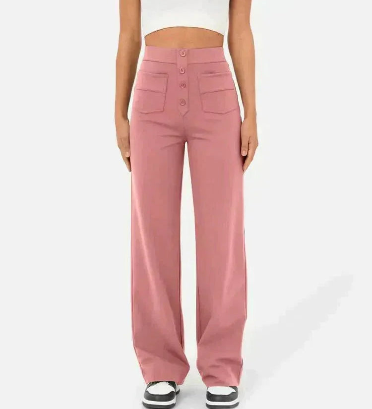 Pink elastic waist pants, wide-leg style with front buttons and patch pockets