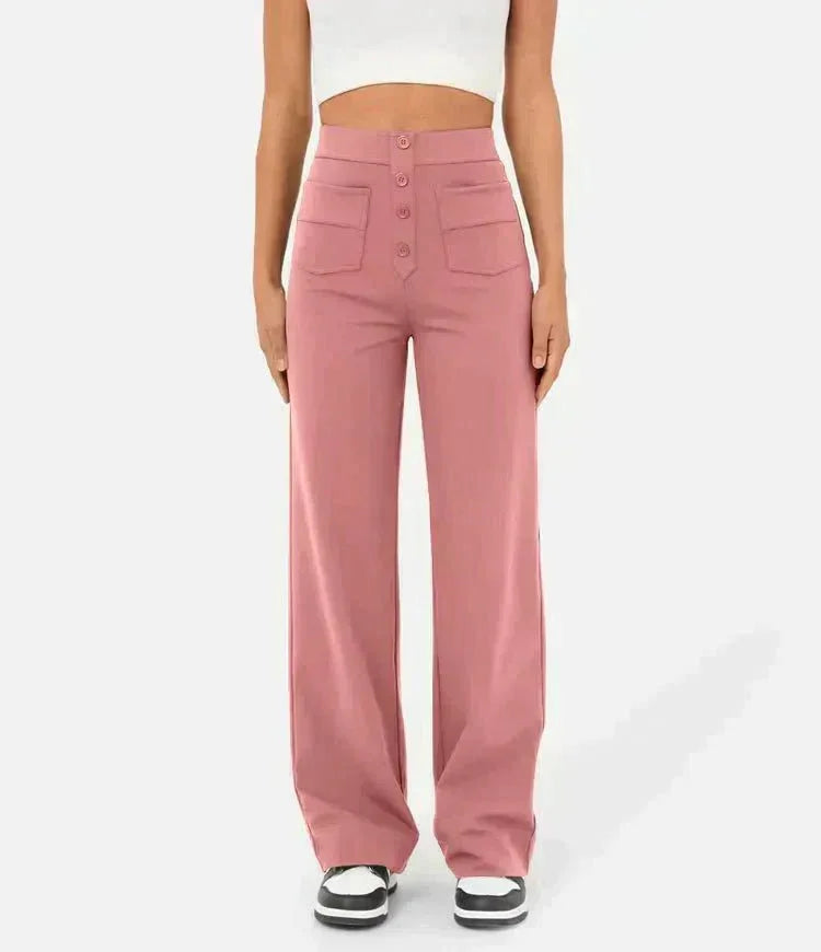 Pink elastic waist pants, wide-leg style with front buttons and patch pockets