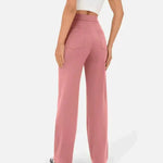 Mauve pink elastic waist wide-leg pants with front seam detail and patch pockets