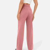 Mauve pink elastic waist wide-leg pants with front seam detail and patch pockets