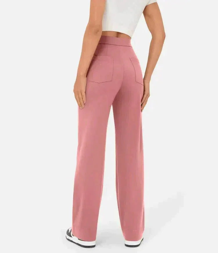 Mauve pink elastic waist wide-leg pants with front seam detail and patch pockets
