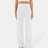 White wide-leg elastic pants with button-front detail and side pockets