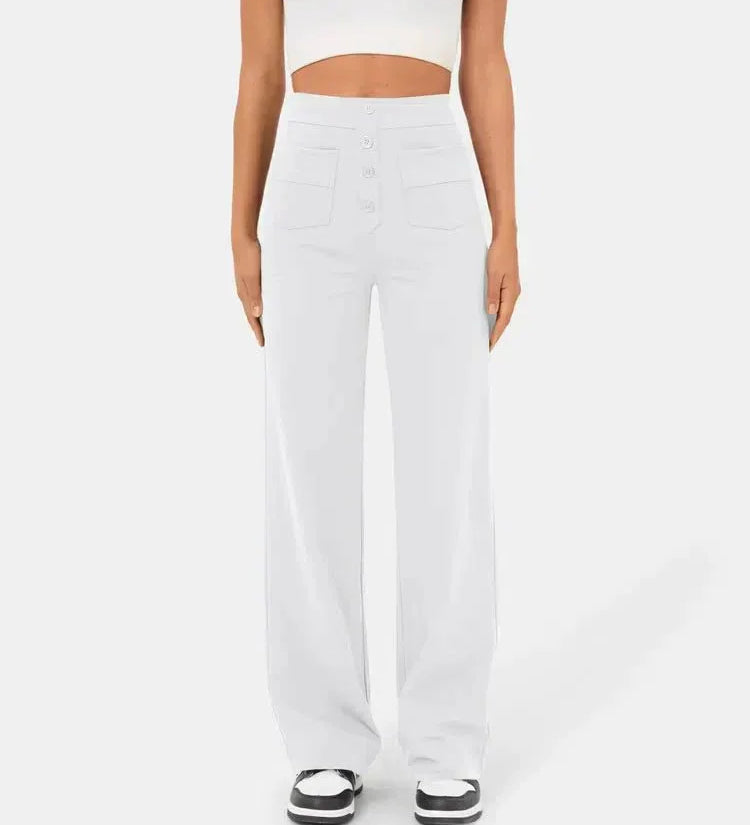 White wide-leg elastic pants with button-front detail and side pockets