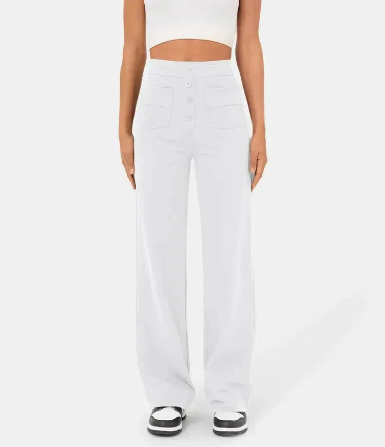 White wide-leg elastic pants with button-front detail and side pockets