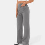Gray elastic waist wide-leg pants with button placket and front patch pockets