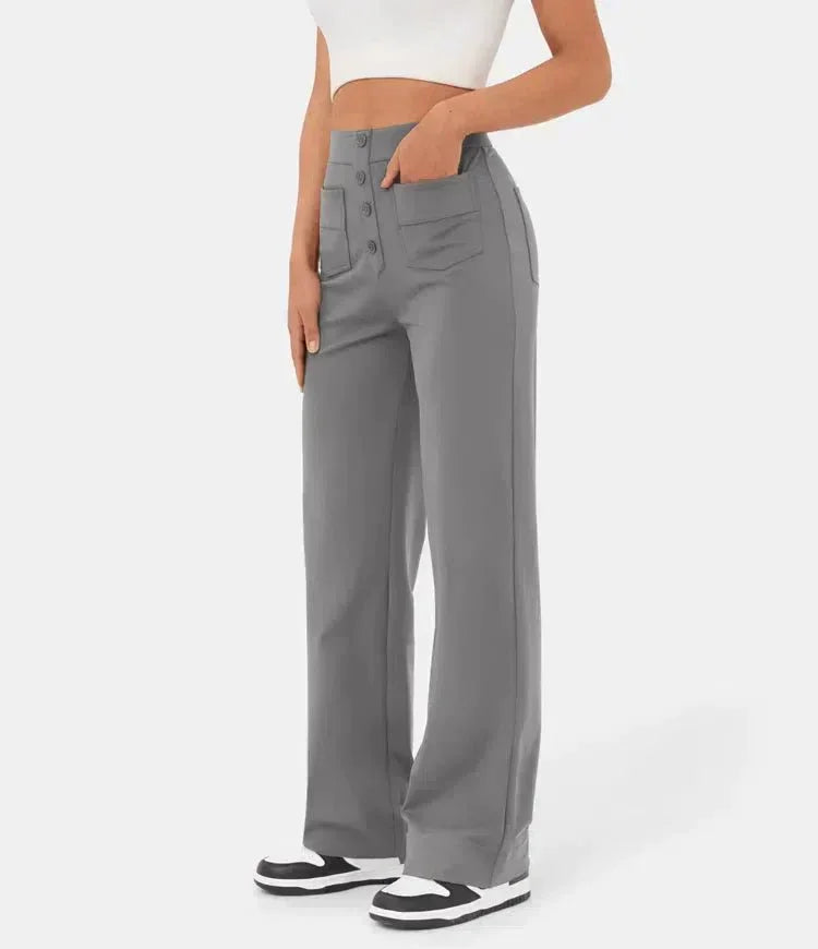 Gray elastic waist wide-leg pants with button placket and front patch pockets