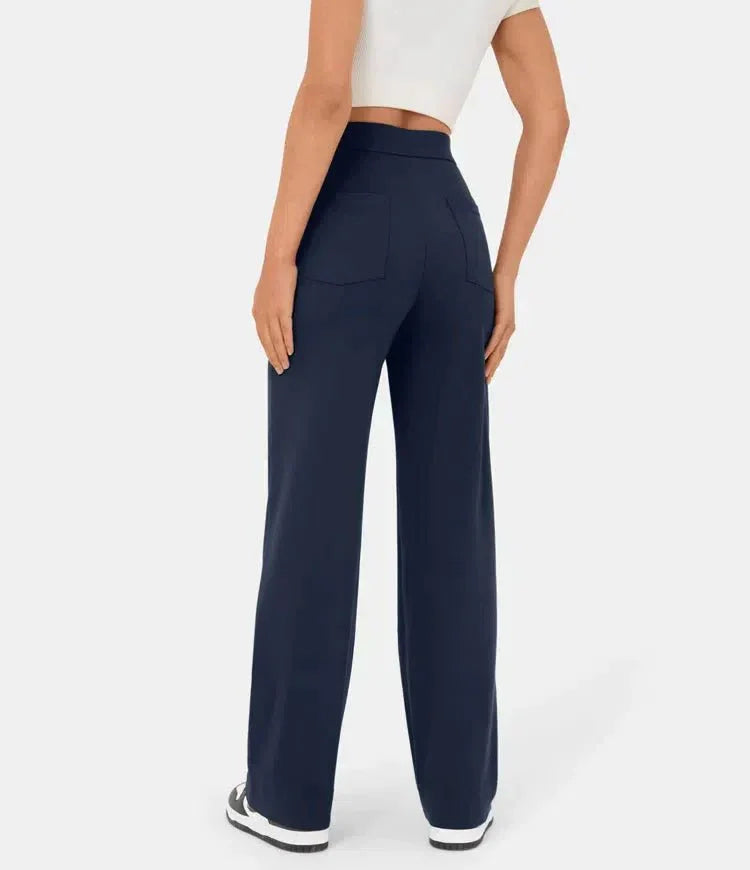 Navy blue wide-leg pants with elastic waist, front button placket, and two front pockets