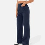 Navy blue elastic-waist wide pants with button front and back patch pockets visible