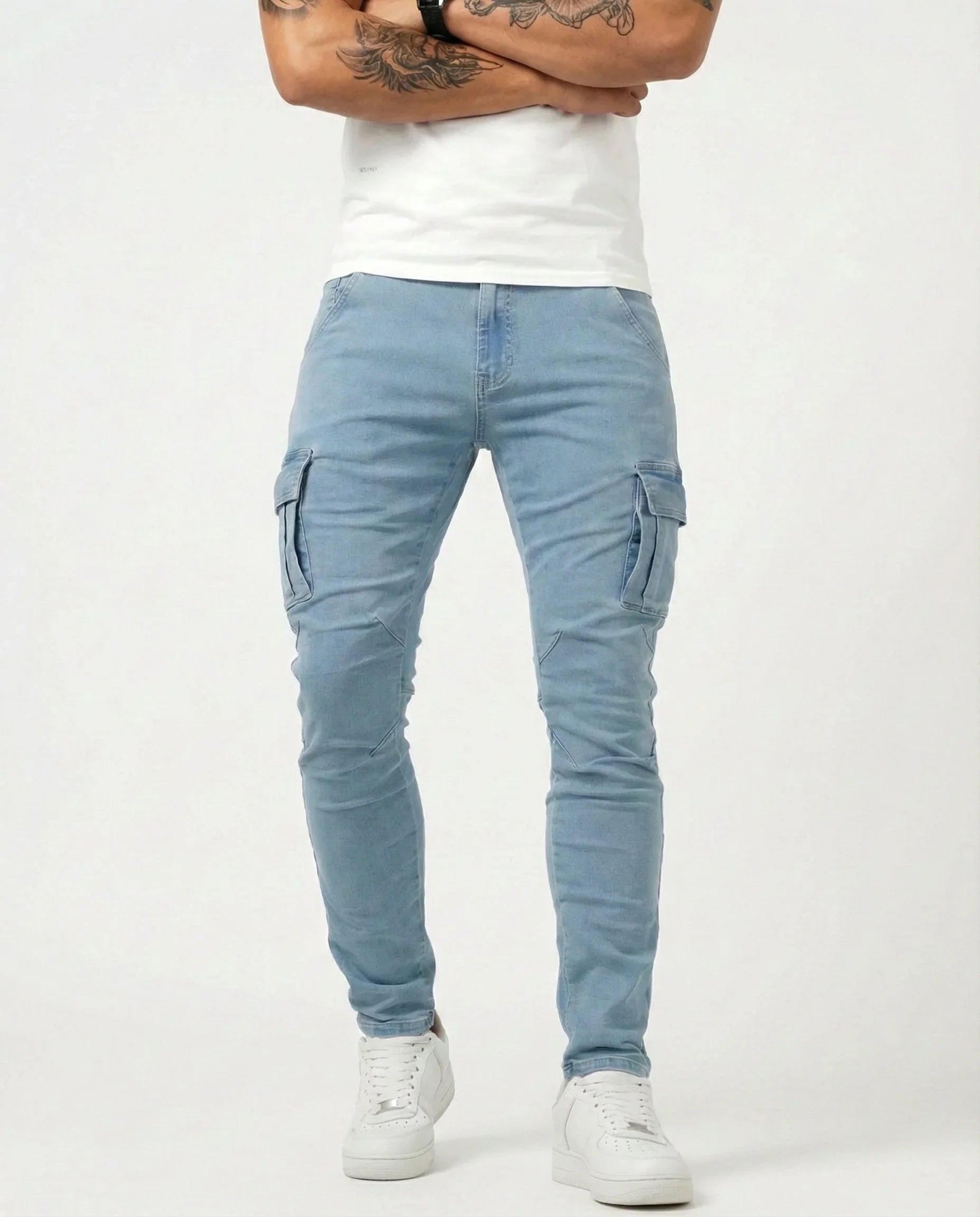 Light blue elastic cargo jeans with side cargo pockets and ankle cuffs