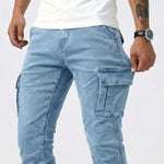 Light blue elastic cargo jeans with front cargo flap pockets and seam details