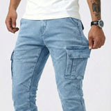 Light blue elastic cargo jeans with front cargo flap pockets and seam details