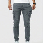 Gray elastic cargo jeans with side cargo pockets and slim tapered legs