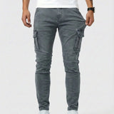 Gray elastic cargo jeans with side cargo pockets and slim tapered legs