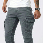 Gray elastic cargo jeans with front cargo flap pockets and stitched panels