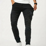 Black elastic cargo jeans with side cargo pockets and tapered legs