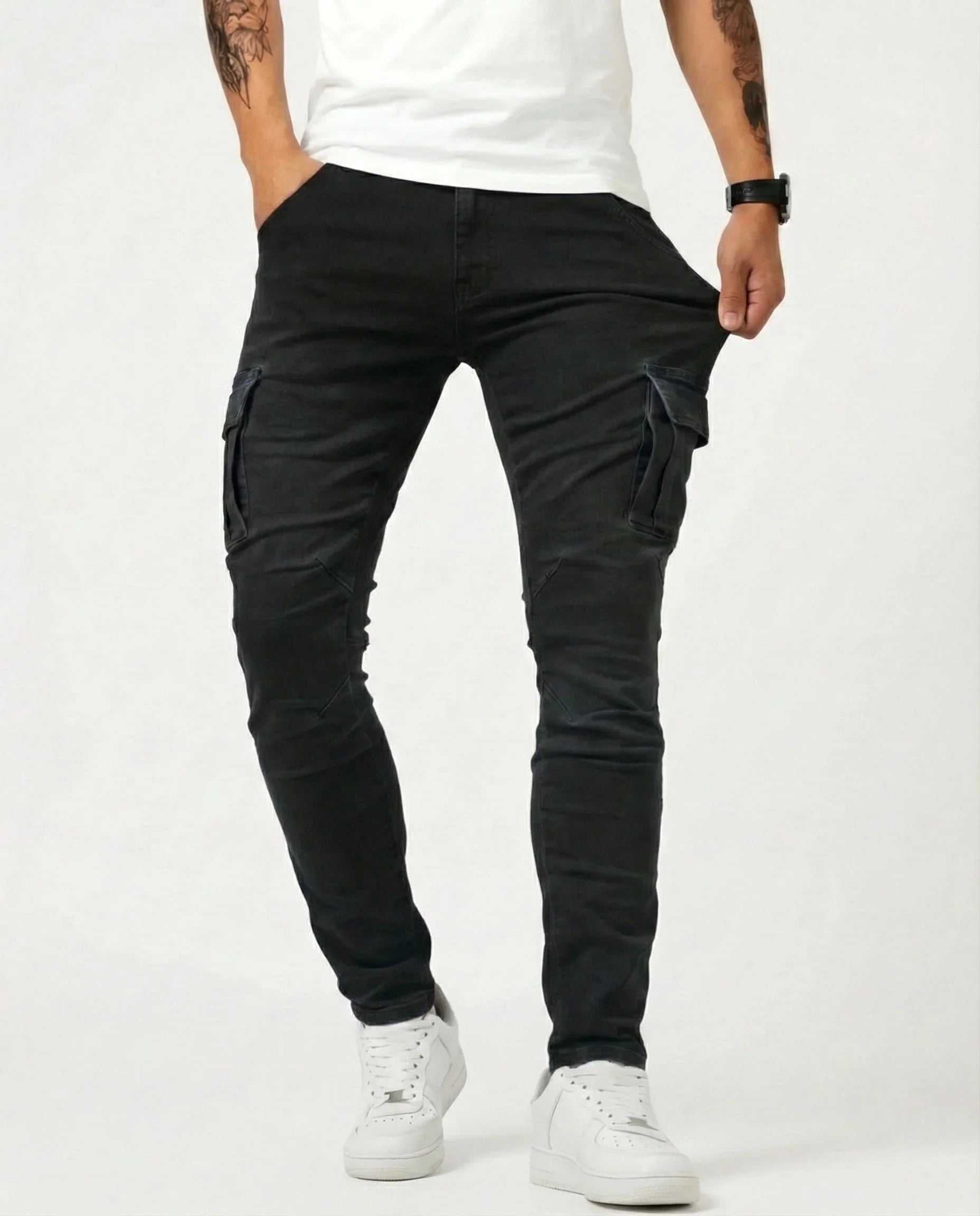 Black elastic cargo jeans with side cargo pockets and tapered legs