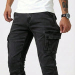 Black elastic cargo jeans with front cargo flap pockets and reinforced seams