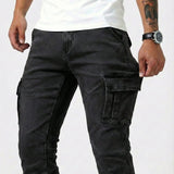 Black elastic cargo jeans with front cargo flap pockets and reinforced seams