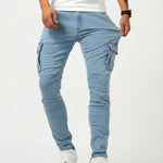 Light blue elastic cargo pants with side thigh pockets, tapered legs, ankle cuffs