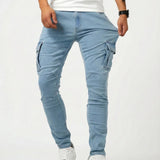 Light blue elastic cargo pants with side thigh pockets, tapered legs, ankle cuffs