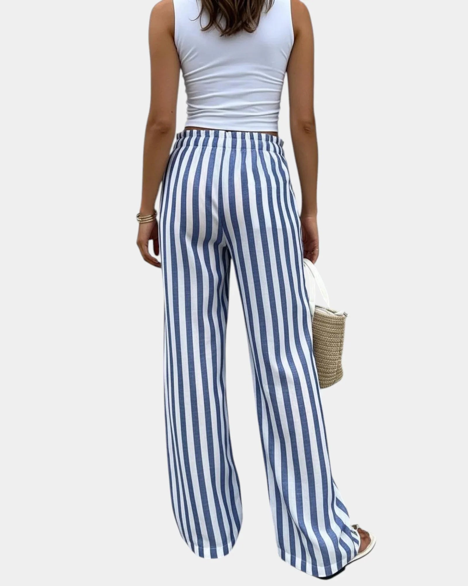 Blue-and-white vertical striped pants with elastic waistband and wide legs