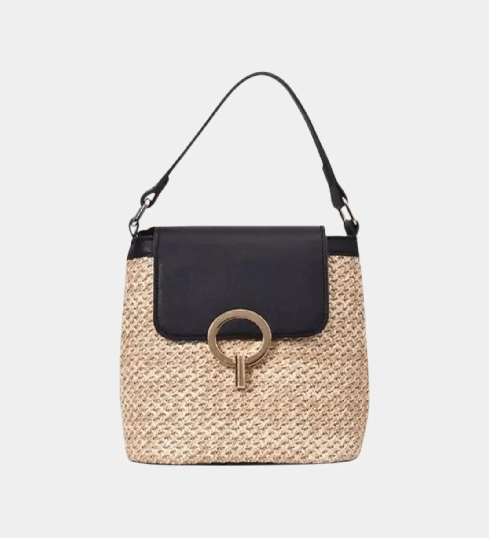 Knit style bucket bag with black flap, ring clasp, and crossbody straps.