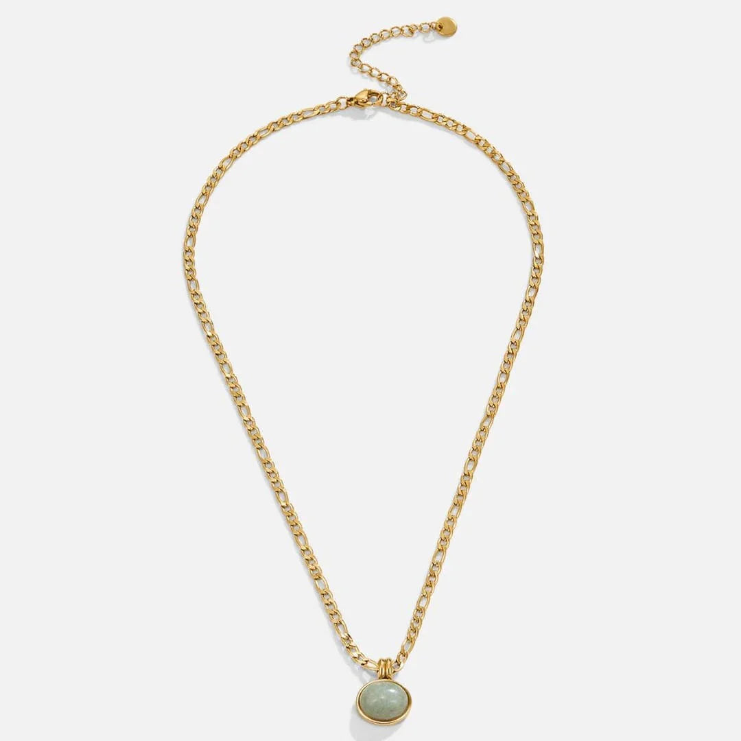 Gold chain pendant necklace featuring a centered oval green stone drop