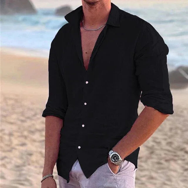 Men's casual button-up shirt, black, 3/4 sleeves, button-front placket.