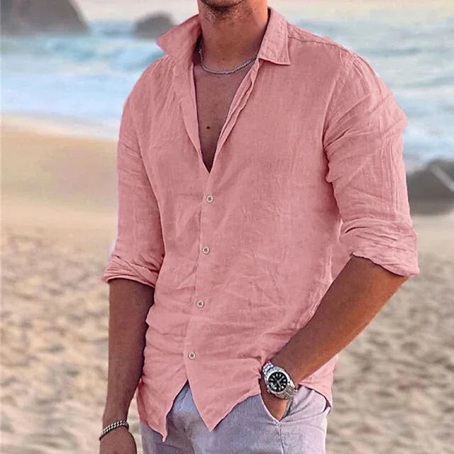 Men's casual button-up shirt, dusty pink, 3/4 sleeves, open collar.
